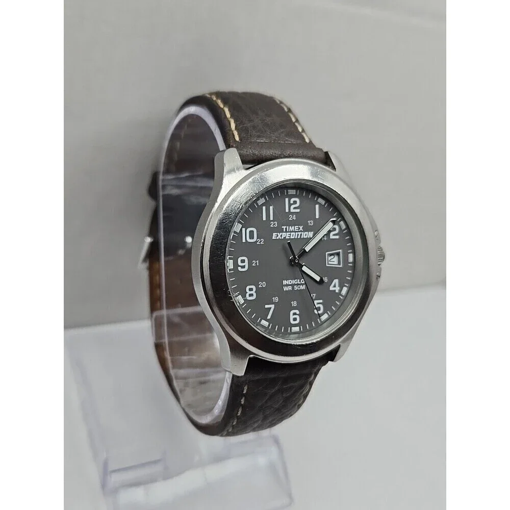 Timex Expedition Indiglo WR50M Date Field Watch Quartz New Battery Leather Strap